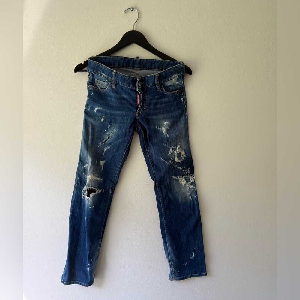 DSQUARED2 Women's Distressed Dark Blue Straight-Leg Jeans. Size Italian 38